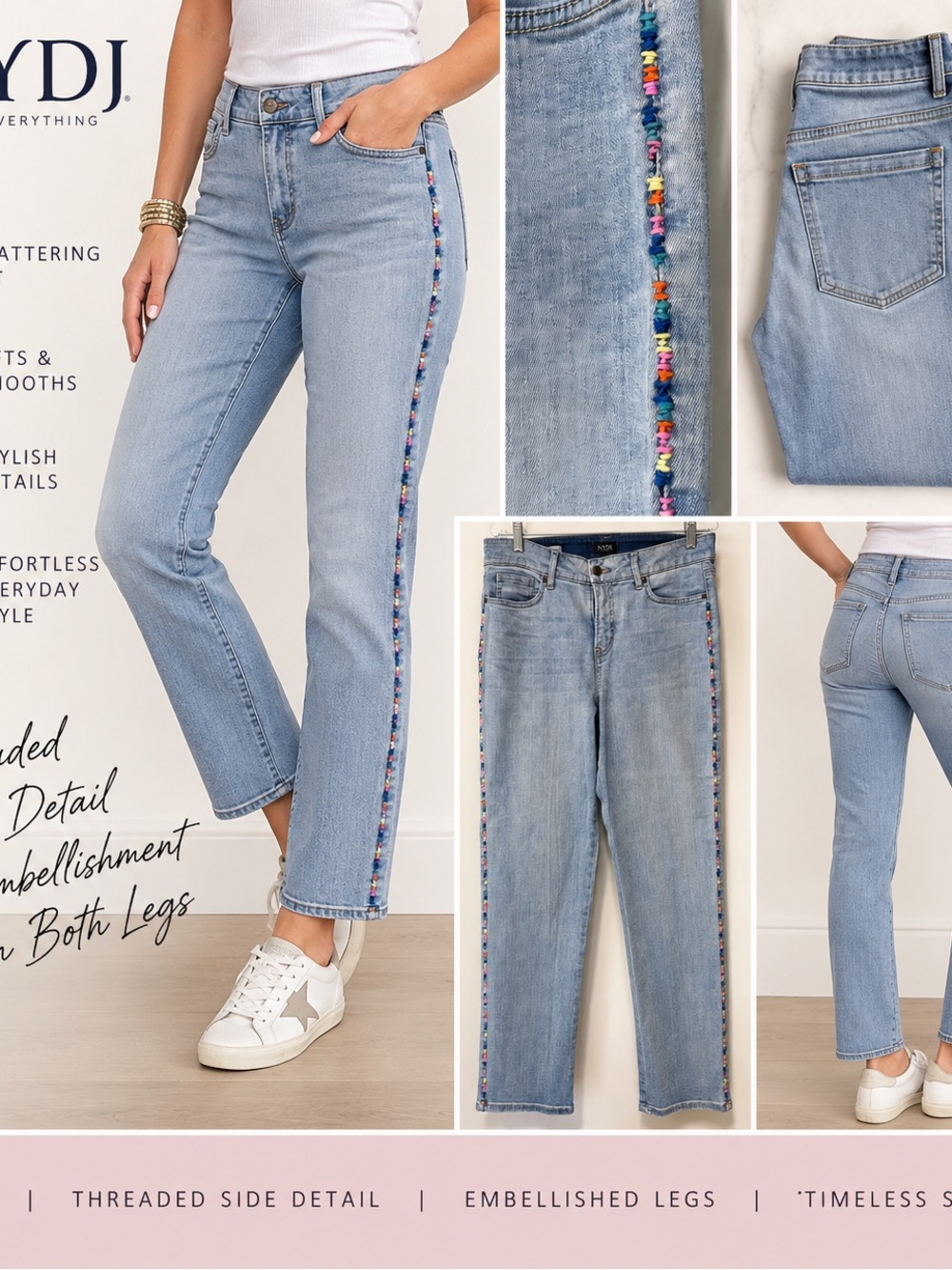 NYDJ Light Blue Straight Leg Jeans w/ Multicolor Threaded Embellishment Down Leg